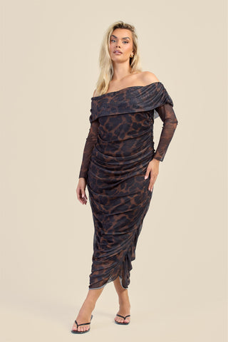 Curve Bardot Leopard Print Ruched Midaxi Dress