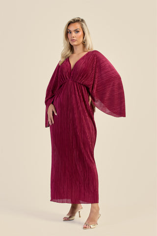 Curve Batwing plisse Burgundy Maxi Dress