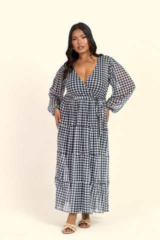 Curve Gingham Print Wrap Tie Belt Tiered Maxi Dress
