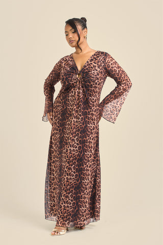 Curve Leopard Print Trim Detail Flare Sleeve Midi Dress