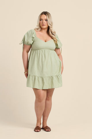 Curve Linen Puff Sleeve Mini Dress