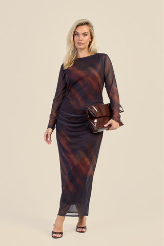 Curve Ombre Stripe Ruched Mesh Midaxi Dress