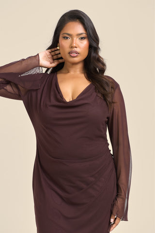 Curve Cowl Neck Long Sleeve Mesh Maxi Dress