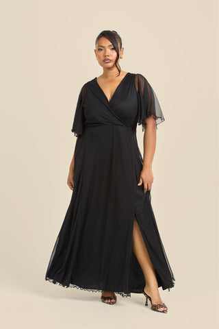 Curve Angel Sleeve Wrap Front Black Mesh Maxi Dress