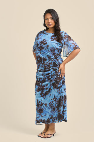 Curve Blue Abstract Print Flutter Sleeve Ruched Midi Dress