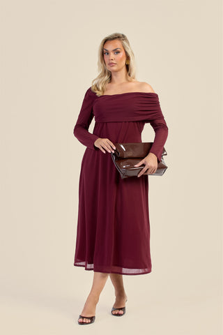 Curve Gathered Neck Long Sleeve Midi Dress
