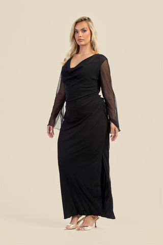 Curve Cowl Neck Long Sleeve Mesh Maxi Dress
