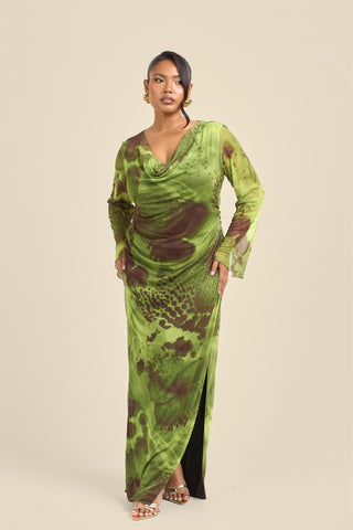 Curve Abstract Blurred Floral Cowl Neck Maxi Dress