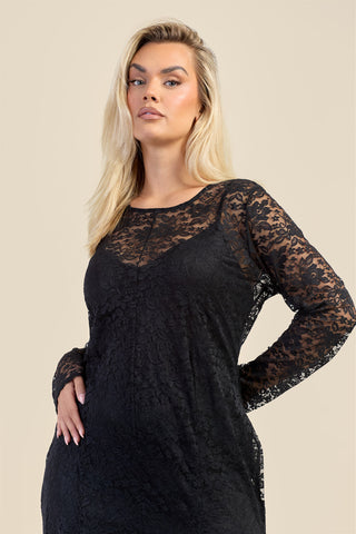 Curve Long Sleeve Lace Godet Hem Midaxi Dress