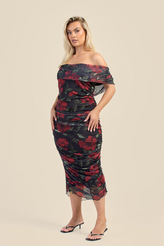 Curve bardot mesh rose print midi dress