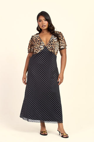 Curve Mixed Leopard And Polka Dot Print Flutter Sleeve V Neck Midi Dress