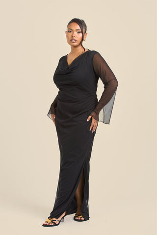 Curve Cowl Neck Long Sleeve Mesh Maxi Dress