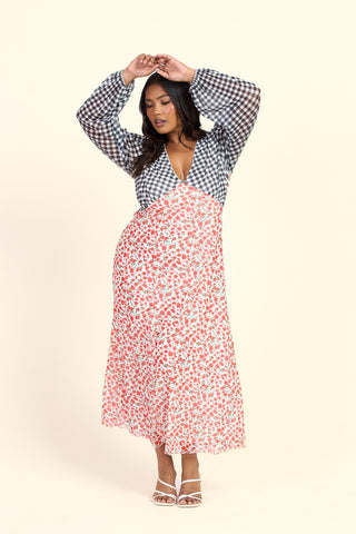 Curve Floral And Gingham Balloon Sleeve Midi Dress