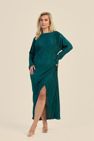 Curve Plisse Ruched Front Emerald Green Midaxi Dress