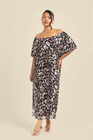 Curve Drop Shoulder Animal Print Mesh Midi Dress