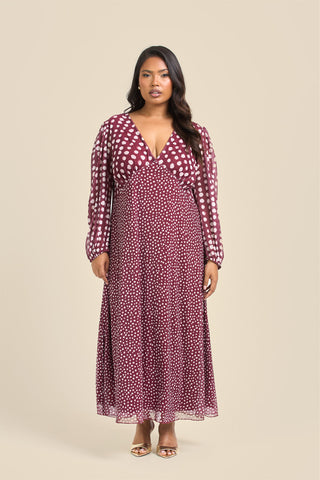 Curve Balloon Sleeve Mixed Polka Dot Midi Dress