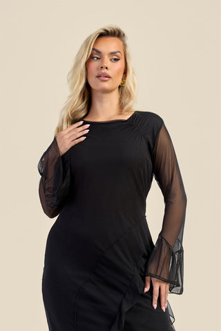 Curve Mesh Ruffle Sleeve Midi Dress