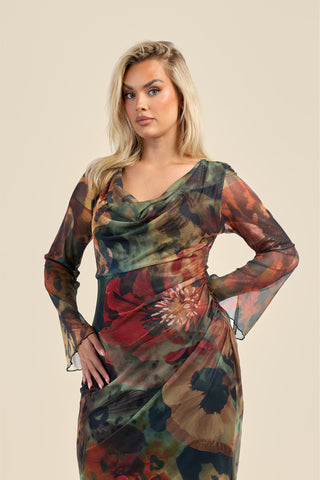 Curve abstract floral cowl neck long sleeve mesh maxi dress