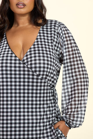 Curve Gingham Print Wrap Balloon Sleeve Mesh Blouse
