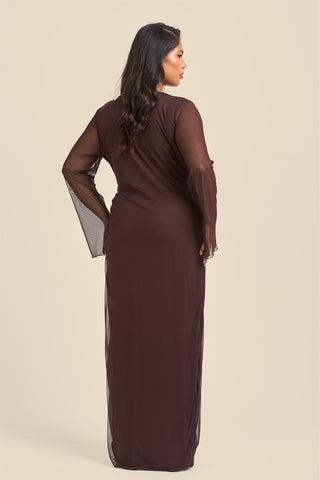 Curve Cowl Neck Long Sleeve Mesh Maxi Dress
