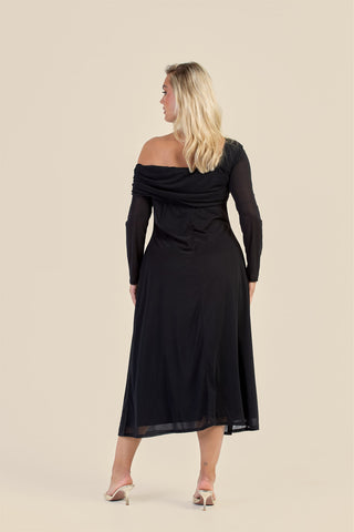 Curve Gathered Neck Long Sleeve Midi Dress
