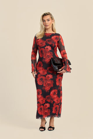 Curve Large floral flare sleeve mesh maxi dress