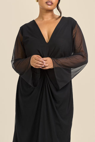 Curve Twist Front Flare Sleeve Black Mesh Midi Dress