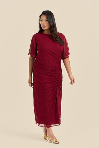 Plus Size Ruched Mesh Angel Sleeve Midaxi Dress