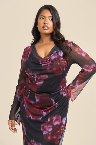 Curve Cowl neck Mesh flare sleeve Dark floral Maxi Dress