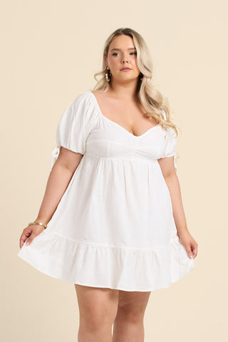 Curve Linen Puff Sleeve Mini Dress