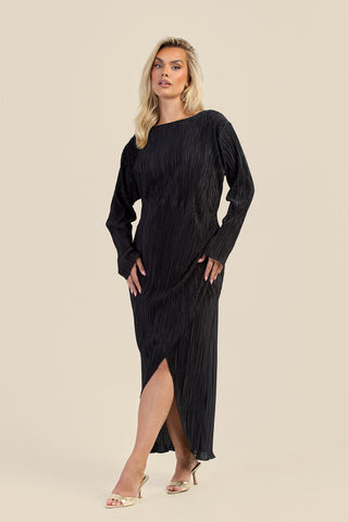 Curve Ruched Front Long Sleeve Black Plisse Midaxi Dress