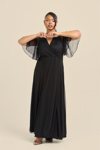 Curve Angel Sleeve Wrap Front Black Mesh Maxi Dress
