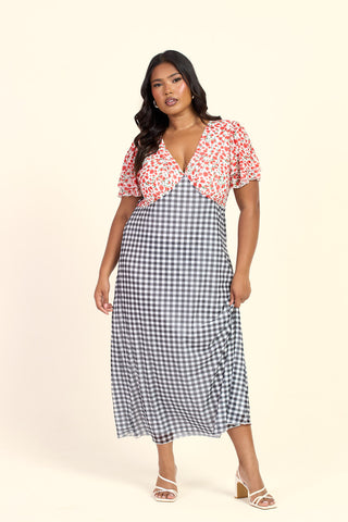 Curve Gingham And Floral Mixed Print Flutter Sleeve Midi Dress