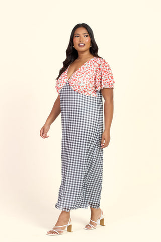 Curve Gingham And Floral Mixed Print Flutter Sleeve Midi Dress