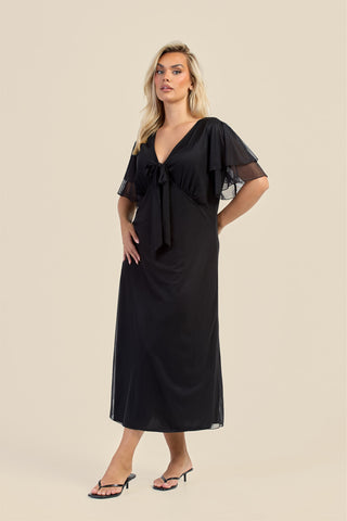 Curve Flutter Sleeve Black Mesh Tie Front Midi Dress