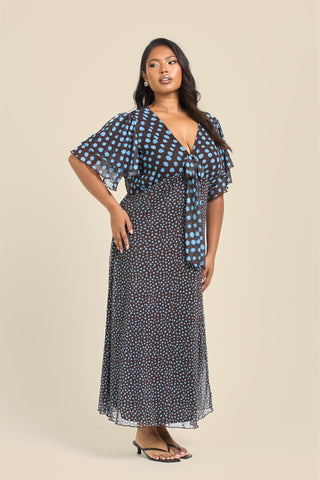 Curve Flutter Sleeve Mixed Polka Dot Midi Dress