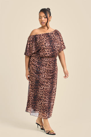 Curve Leopard Print Drop Shoulder Mesh Midi Dress