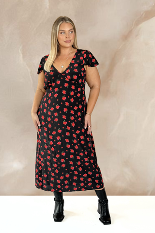 Curve angel sleeve woven midi dress in rose print