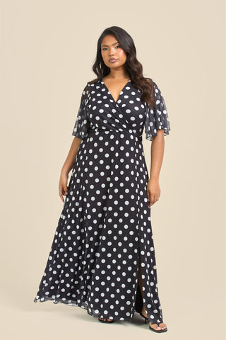 Curve Angel Sleeve Wrap Front Polka Dot Maxi Dress