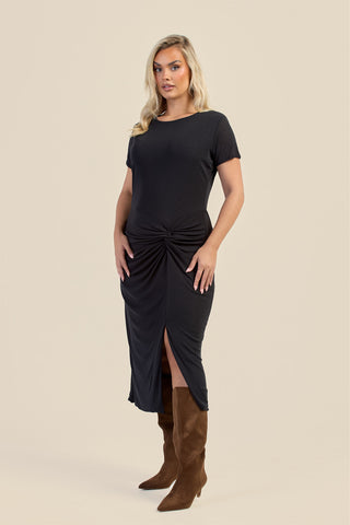 Curve Textured Knit Knotted Front Midi Dress