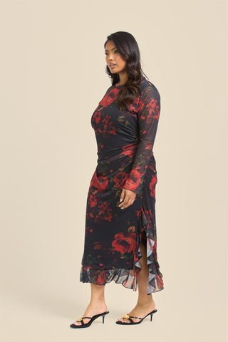 Curve Rose Print Ruffle Hem Mesh Midi Dress
