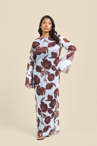 Curve Flare Sleeve Floral Print Mesh Maxi Dress
