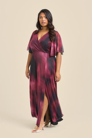 Curve Angel Sleeve wrap front maxi dress in berry abstract print