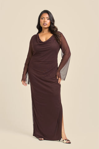 Curve Cowl Neck Long Sleeve Mesh Maxi Dress
