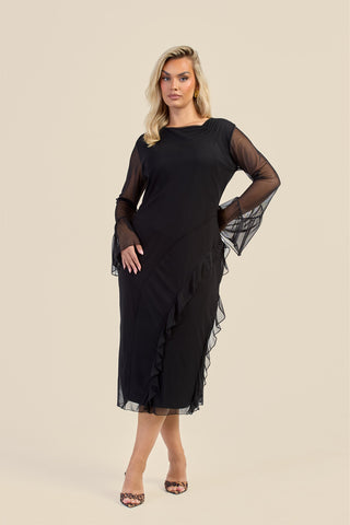 Curve Mesh Ruffle Sleeve Midi Dress