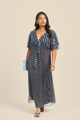 Curve Flutter Sleeve Mixed Polka Dot Midi Dress