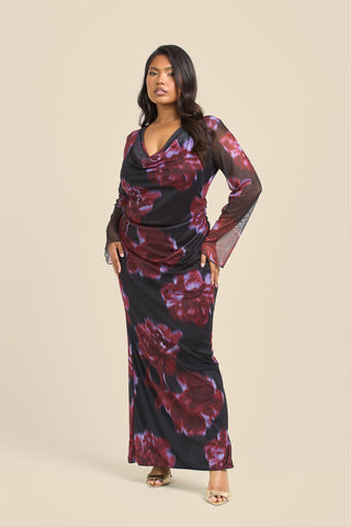 Curve Cowl neck Mesh flare sleeve Dark floral Maxi Dress