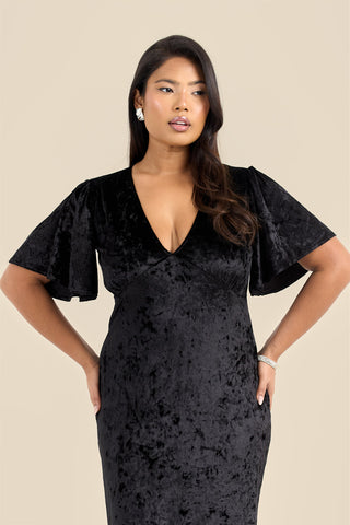 Curve Statement Flutter sleeve velvet ruffle hem maxi dress