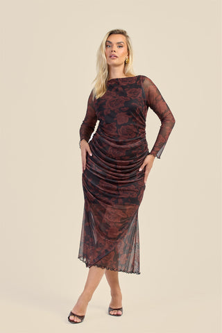 Curve Autumn Rose Ruched Mesh Midaxi Dress