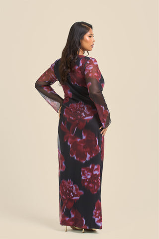 Curve Cowl neck Mesh flare sleeve Dark floral Maxi Dress